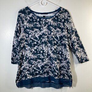 Womens Simply Vera Wang 3/4 Sleeve Floral Top Teal White L Polyester Slub Feel